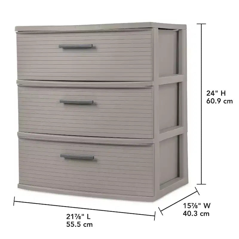Tour de rangement en plastique large à 3 tiroirs – 60,96 cm H x 55,58 cm L x 40,34 cm P, Gris foncé