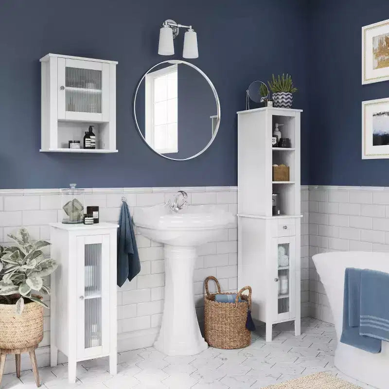 Meuble de rangement étroit et haut pour salle de bain et buanderie avec étagères réglables – Blanc