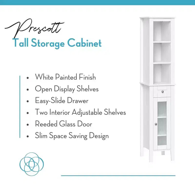 Armoire de toilette haute en lin avec porte vitrée, tiroir et étagères – 152 cm H x 30 cm L x 33 cm P, blanche