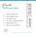 Armoire de toilette haute en lin avec porte vitrée, tiroir et étagères – 152 cm H x 30 cm L x 33 cm P, blanche