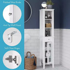 Armoire de toilette haute en lin avec porte vitrée, tiroir et étagères – 152 cm H x 30 cm L x 33 cm P, blanche