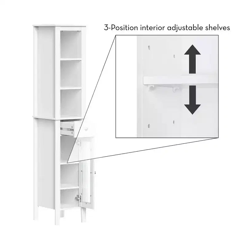 Armoire de toilette haute en lin avec porte vitrée, tiroir et étagères – 152 cm H x 30 cm L x 33 cm P, blanche
