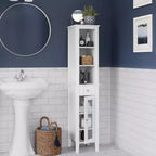 Armoire de toilette haute en lin avec porte vitrée, tiroir et étagères – 152 cm H x 30 cm L x 33 cm P, blanche