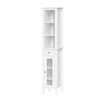 Armoire de toilette haute en lin avec porte vitrée, tiroir et étagères – 152 cm H x 30 cm L x 33 cm P, blanche