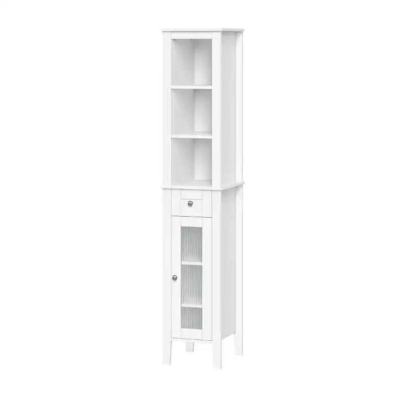 Armoire de toilette haute en lin avec porte vitrée, tiroir et étagères – 152 cm H x 30 cm L x 33 cm P, blanche
