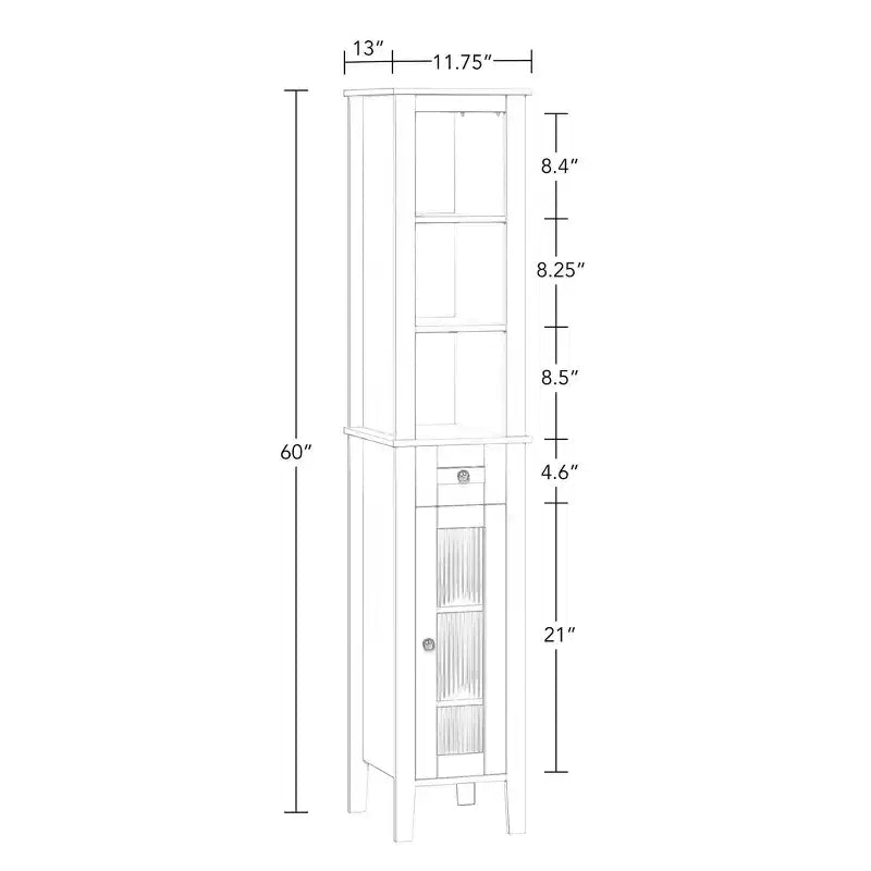 Armoire de toilette haute en lin avec porte vitrée, tiroir et étagères – 152 cm H x 30 cm L x 33 cm P, blanche