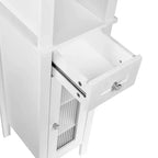 Armoire de toilette haute en lin avec porte vitrée, tiroir et étagères – 152 cm H x 30 cm L x 33 cm P, blanche