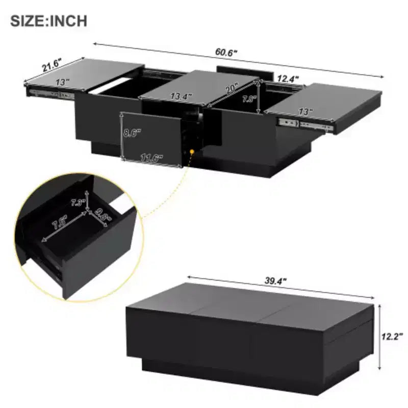Table basse avec plateau coulissant, 100x55 cm, Noir