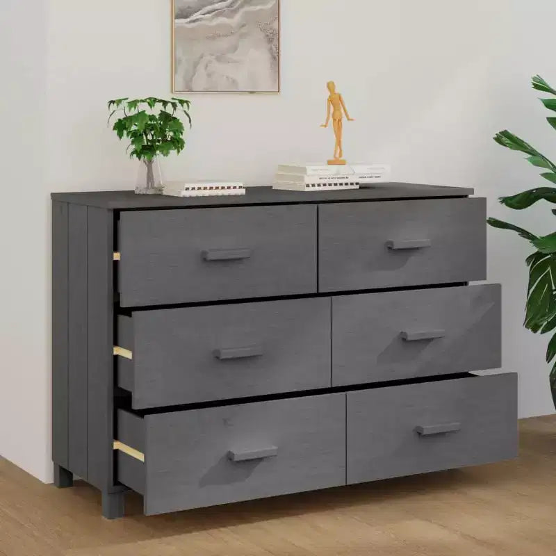 Commode 6 tiroirs en pin massif avec tiroirs à fermeture amortie – 113 cm (L) x 40 cm (P) x 80 cm (H), gris foncé