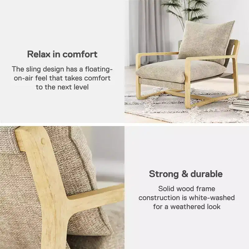 Fauteuil d'appoint rembourré de style élingue avec cadre en bois massif – Assise L 72,4 cm x P 69,8 cm, Hauteur 38,1 cm