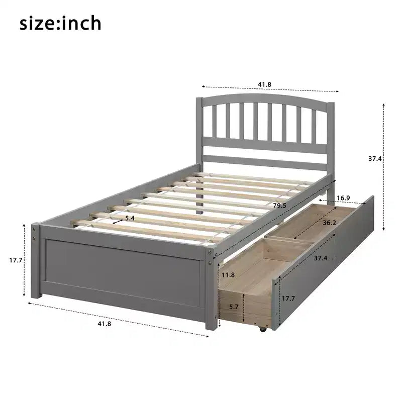 Lit plateforme jumeau avec 2 tiroirs de rangement et une tête de lit – 79,5" L x 41,8" l x 37,4" H