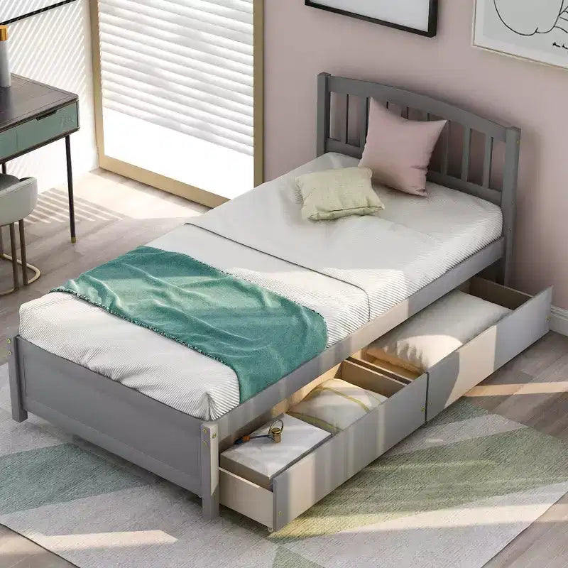 Lit plateforme jumeau avec 2 tiroirs de rangement et une tête de lit – 79,5" L x 41,8" l x 37,4" H