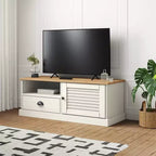 Meuble TV en pin massif avec tiroir, étagère ouverte et placard – 106 cm (L) x 40 cm (P) x 40 cm (H), Blanc