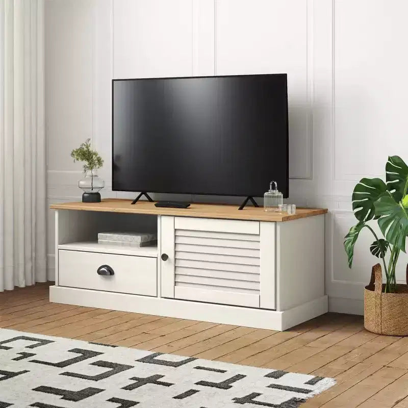 Meuble TV en pin massif avec tiroir, étagère ouverte et placard – 106 cm (L) x 40 cm (P) x 40 cm (H), Blanc