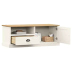 Meuble TV en pin massif avec tiroir, étagère ouverte et placard – 106 cm (L) x 40 cm (P) x 40 cm (H), Blanc