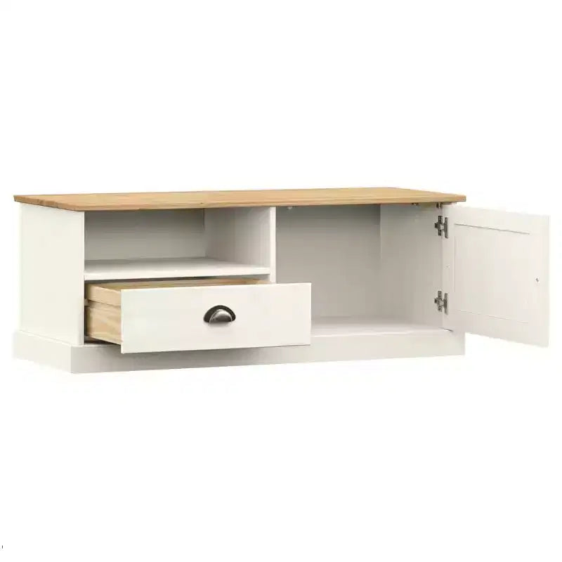 Meuble TV en pin massif avec tiroir, étagère ouverte et placard – 106 cm (L) x 40 cm (P) x 40 cm (H), Blanc