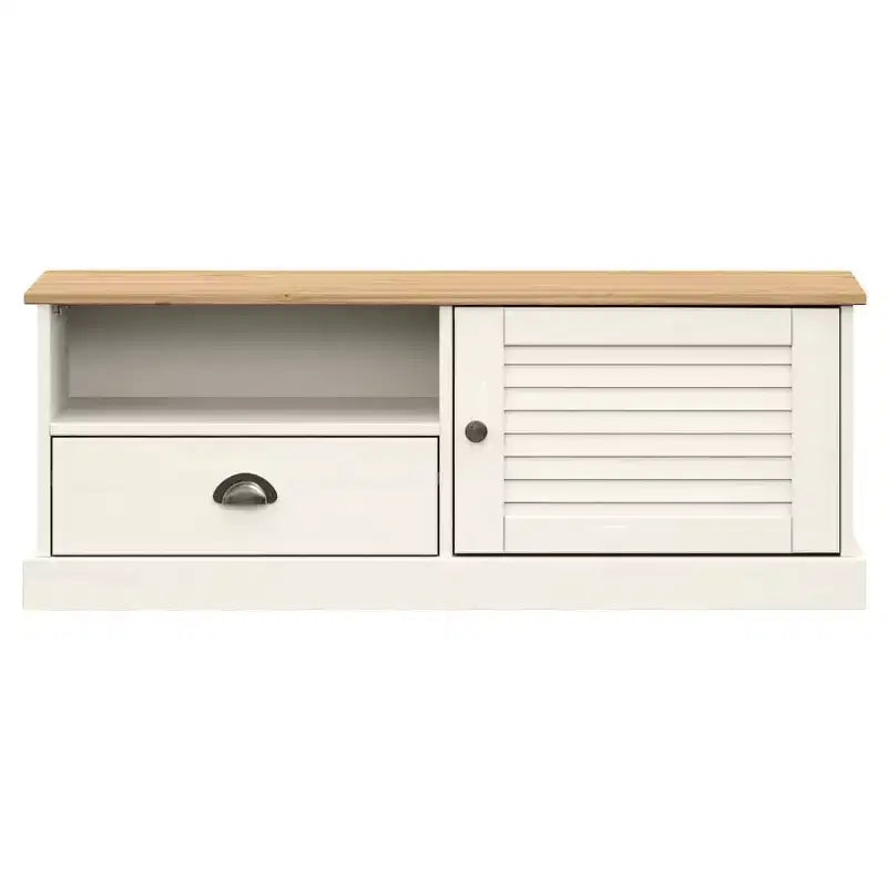Meuble TV en pin massif avec tiroir, étagère ouverte et placard – 106 cm (L) x 40 cm (P) x 40 cm (H), Blanc