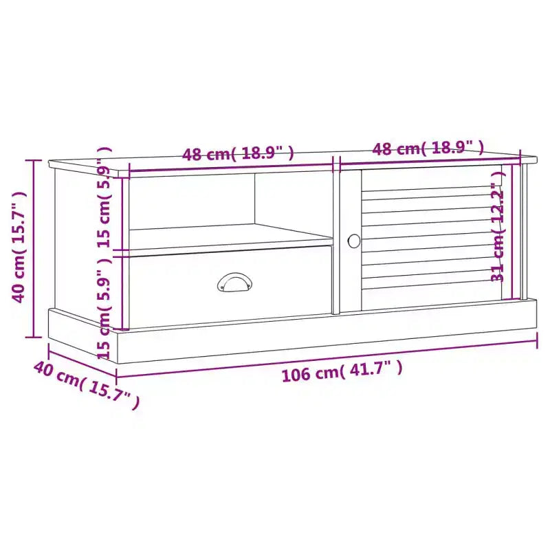 Meuble TV en pin massif avec tiroir, étagère ouverte et placard – 106 cm (L) x 40 cm (P) x 40 cm (H), Blanc