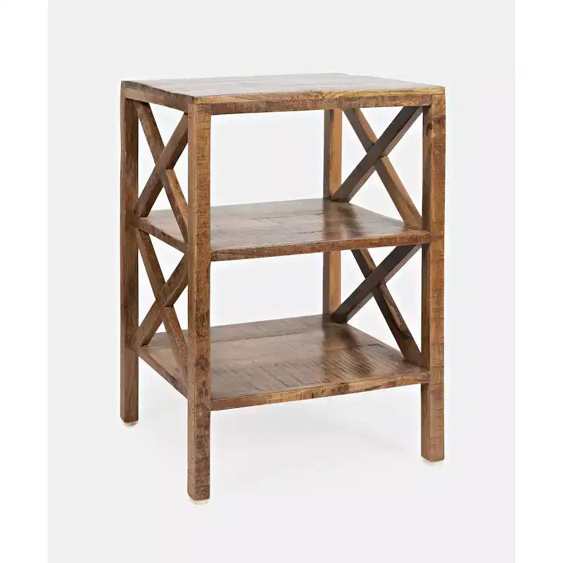 Table d'appoint latérale en X en manguier massif avec 2 étagères – 61 cm (H) x 43 cm (L) x 35 cm (P), finition dorée