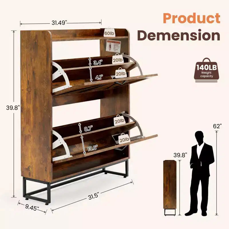 Meuble à chaussures étroit avec 2 tiroirs à abattant, peut contenir 16 paires – H 101,1 cm x L 80 cm x P 24 cm