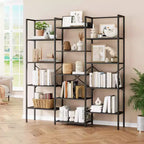 Coolmee Triple Column 5 Tier Industrial Bookshelf, Bookcase with 14 Display Shelves, Modern Wide Large Book Shelf Book Case for Living Room, Home