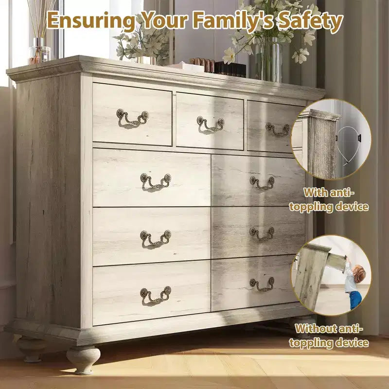 Commode à 9 tiroirs avec poignées métalliques – Meuble de rangement en bois pour chambre ou salon