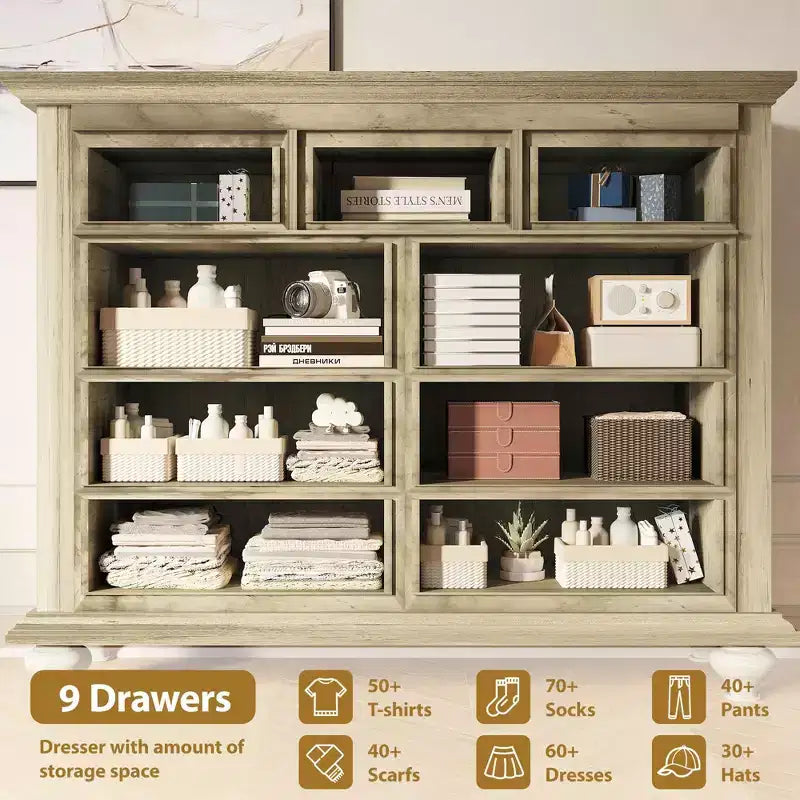 Commode à 9 tiroirs avec poignées métalliques – Meuble de rangement en bois pour chambre ou salon