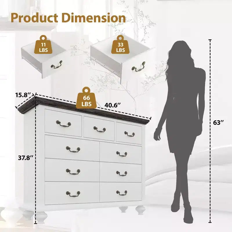 Commode à 9 tiroirs avec poignées métalliques – Meuble de rangement en bois pour chambre ou salon