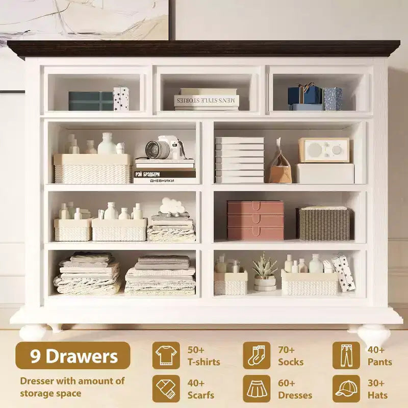 Commode à 9 tiroirs avec poignées métalliques – Meuble de rangement en bois pour chambre ou salon