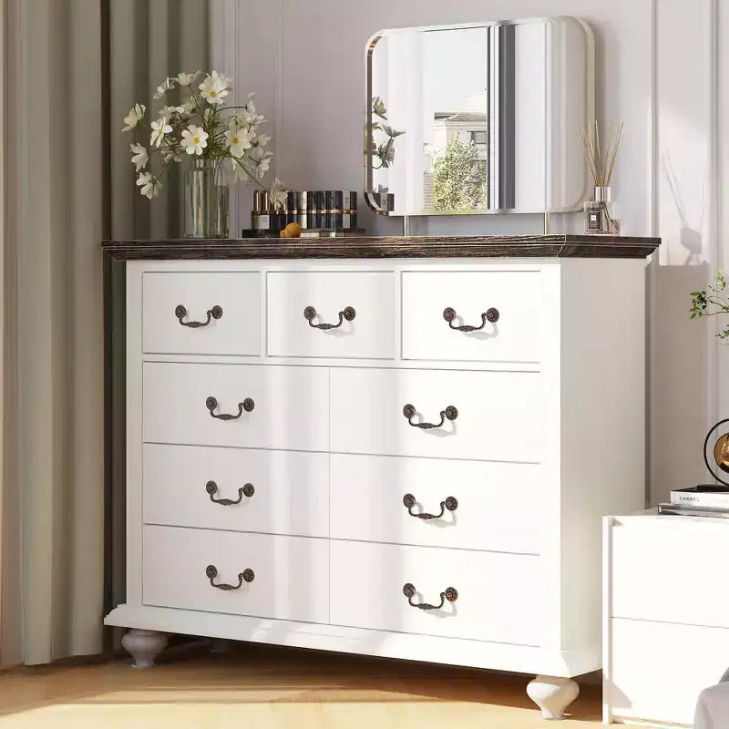 Commode à 9 tiroirs avec poignées métalliques – Meuble de rangement en bois pour chambre ou salon