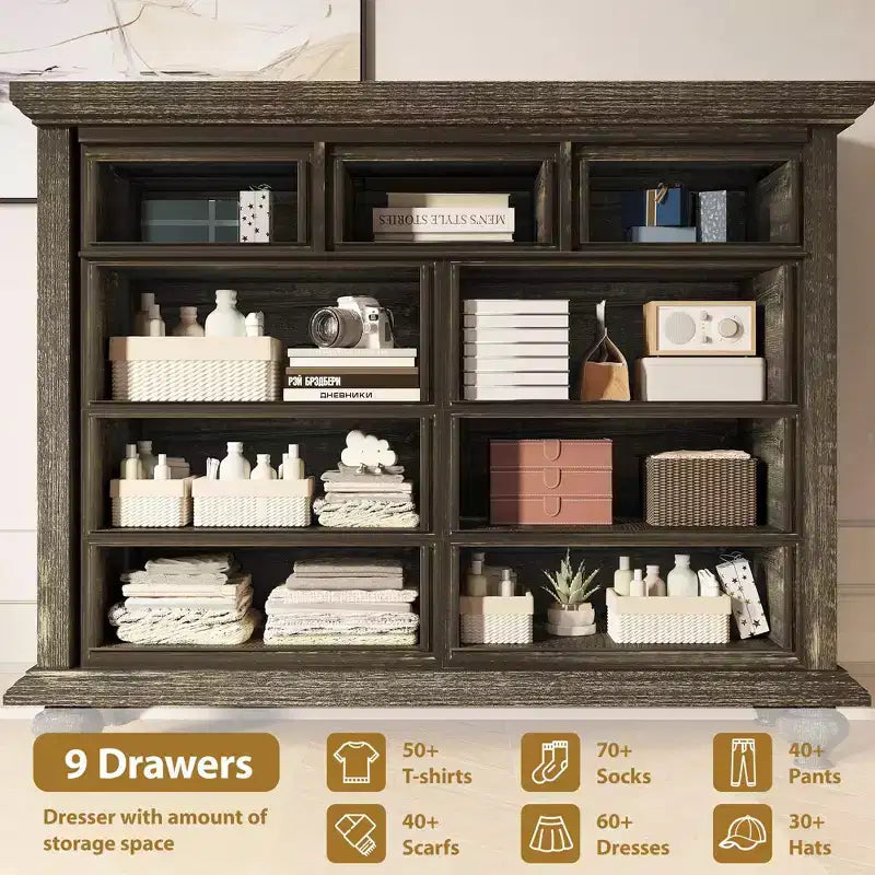 Commode à 9 tiroirs avec poignées métalliques – Meuble de rangement en bois pour chambre ou salon