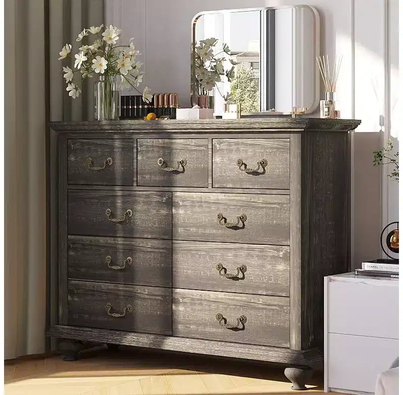Commode à 9 tiroirs avec poignées métalliques – Meuble de rangement en bois pour chambre ou salon