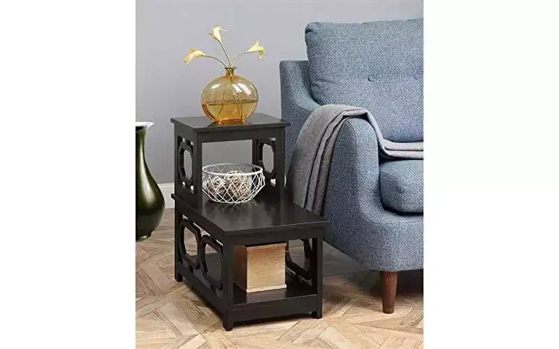 Table d'appoint à 2 niveaux avec cadre en L et trois étagères de rangement – 60,3 cm H x 60,3 cm L x 35,6 cm P, Espresso