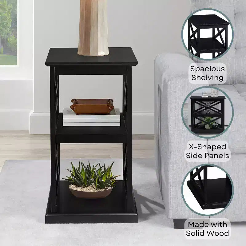 Table d'appoint avec cadre en double X et trois étagères – 63,5 cm H x 35,5 cm l x 61 cm P, Noir