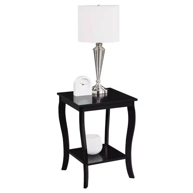 Table d'appoint carrée en bois avec étagères ouvertes à deux niveaux – 61 cm H x 46 cm L x 46 cm P, Noir