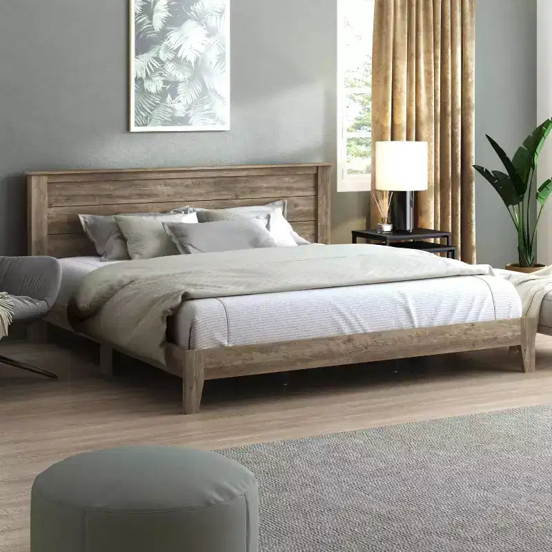 Lit plateforme King Size avec tête de lit et sommier à lattes LVL – 217,3 cm P x 208,6 cm L x 100,5 cm H, Chêne noueux