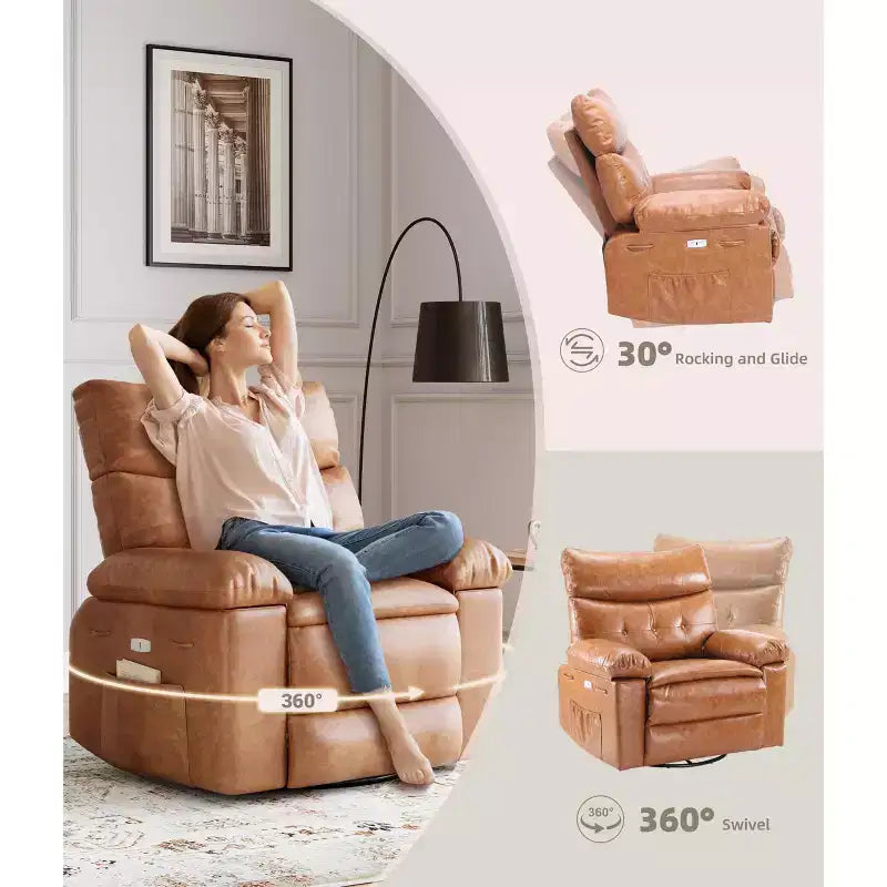 Fauteuil inclinable, pivotant et berçant extra-large avec massage et inclinaison électrique – Largeur du siège 68 cm, capacité 180 kg