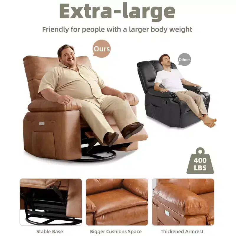 Fauteuil inclinable, pivotant et berçant extra-large avec massage et inclinaison électrique – Largeur du siège 68 cm, capacité 180 kg