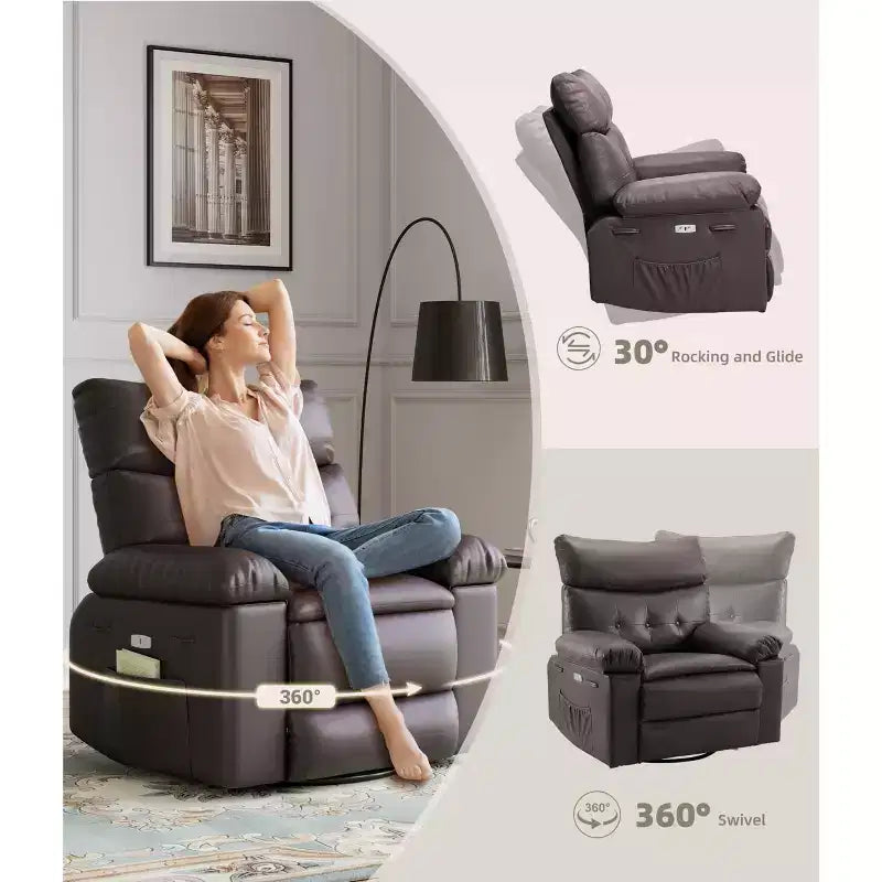 Fauteuil inclinable, pivotant et berçant extra-large avec massage et inclinaison électrique – Largeur du siège 68 cm, capacité 180 kg