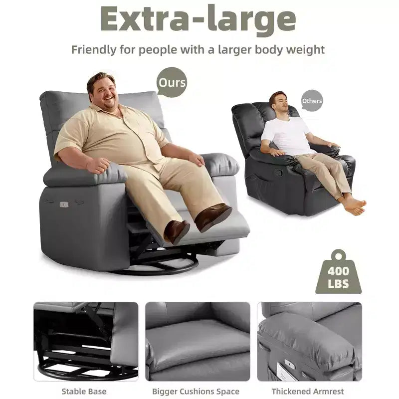 Fauteuil inclinable, pivotant et berçant extra-large avec massage et inclinaison électrique – Largeur du siège 68 cm, capacité 180 kg