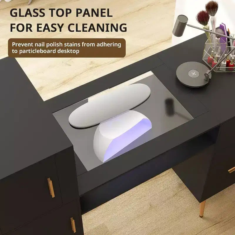 Table de manucure avec plateau en verre trempé, repose-poignet, 3 tiroirs et 3 étagères