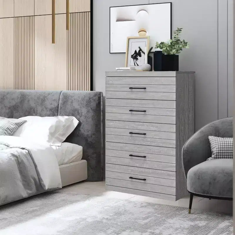 Commode à 5 tiroirs avec mécanisme de sécurité à verrouillage – 116,4 cm H x 78 cm L x 41 cm P, Chêne Gris Poussiéreux