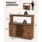 Meuble de bar à café de 55 pouces avec portes coulissantes de grange, range-bouteilles, éclairage LED et prises électriques