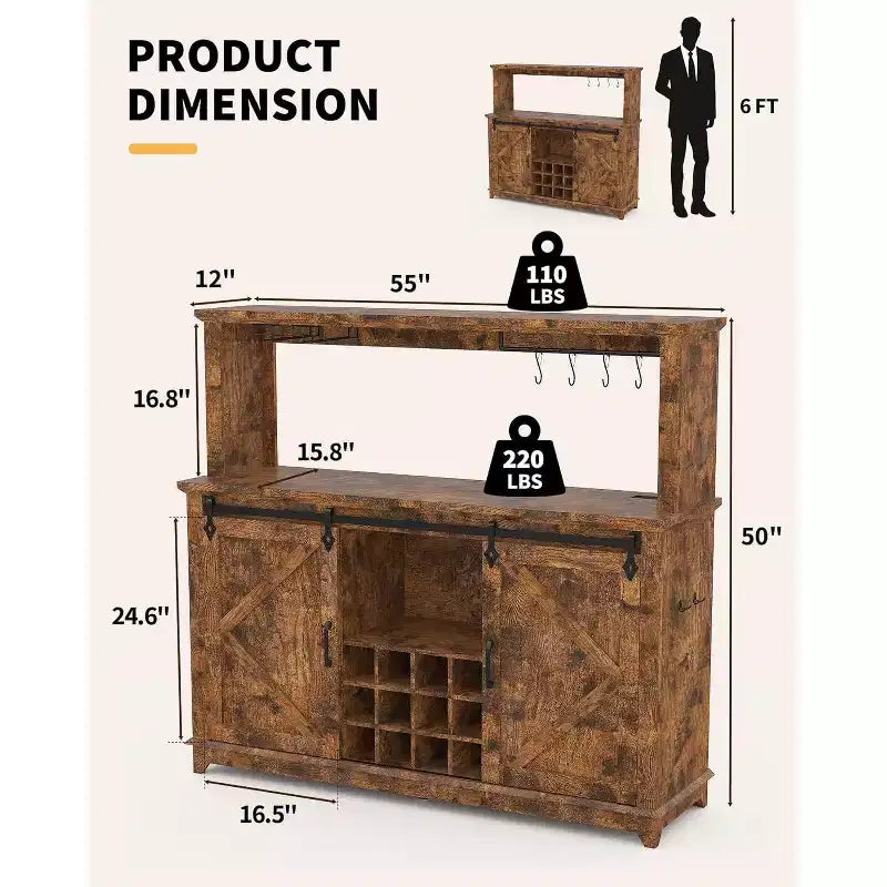 Meuble de bar à café de 55 pouces avec portes coulissantes de grange, range-bouteilles, éclairage LED et prises électriques