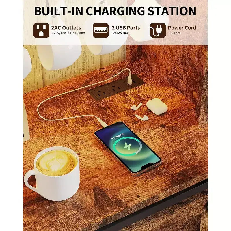 Meuble de bar à café de 55 pouces avec portes coulissantes de grange, range-bouteilles, éclairage LED et prises électriques