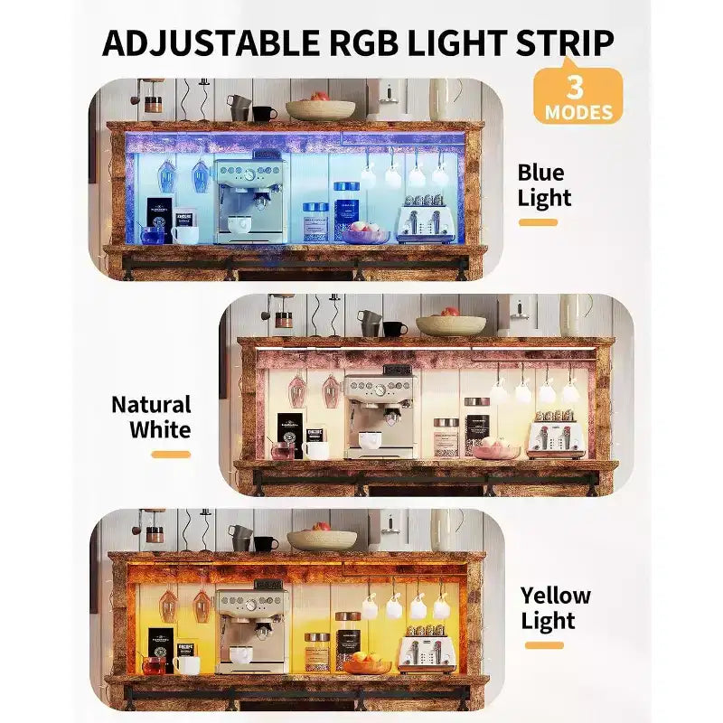 Meuble de bar à café de 55 pouces avec portes coulissantes de grange, range-bouteilles, éclairage LED et prises électriques