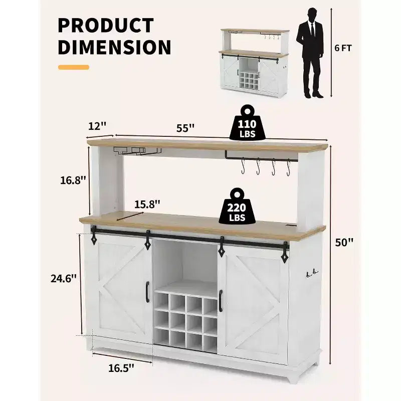 Meuble de bar à café de 55 pouces avec portes coulissantes de grange, range-bouteilles, éclairage LED et prises électriques