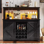 Meuble de bar à café de 55 pouces avec portes coulissantes de grange, range-bouteilles, éclairage LED et prises électriques