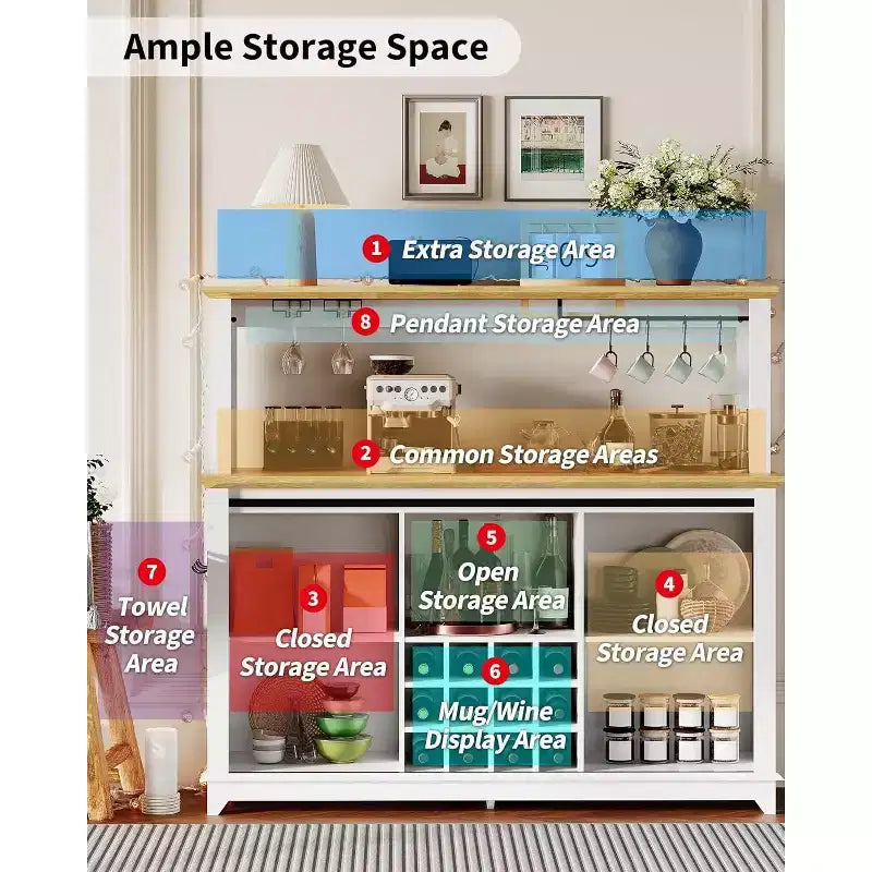 Meuble de bar à café de 55 pouces avec portes coulissantes de grange, range-bouteilles, éclairage LED et prises électriques