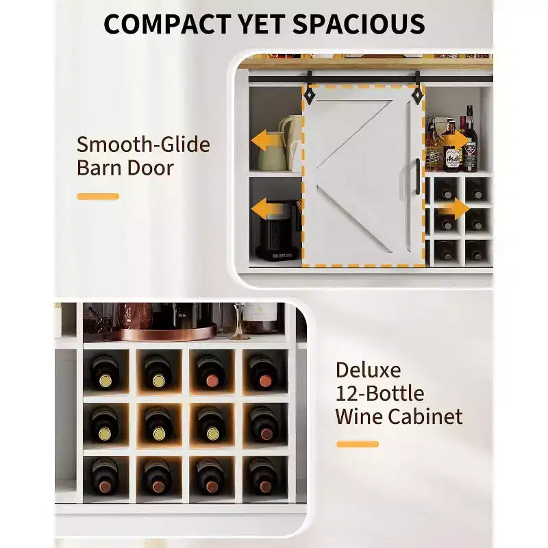 Meuble de bar à café de 55 pouces avec portes coulissantes de grange, range-bouteilles, éclairage LED et prises électriques